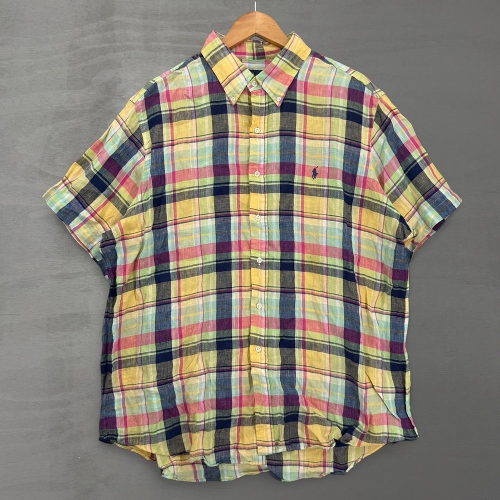 Polo Ralph Lauren Button Down Shirt Yellow Plaid Linen Short Sleeve XXL